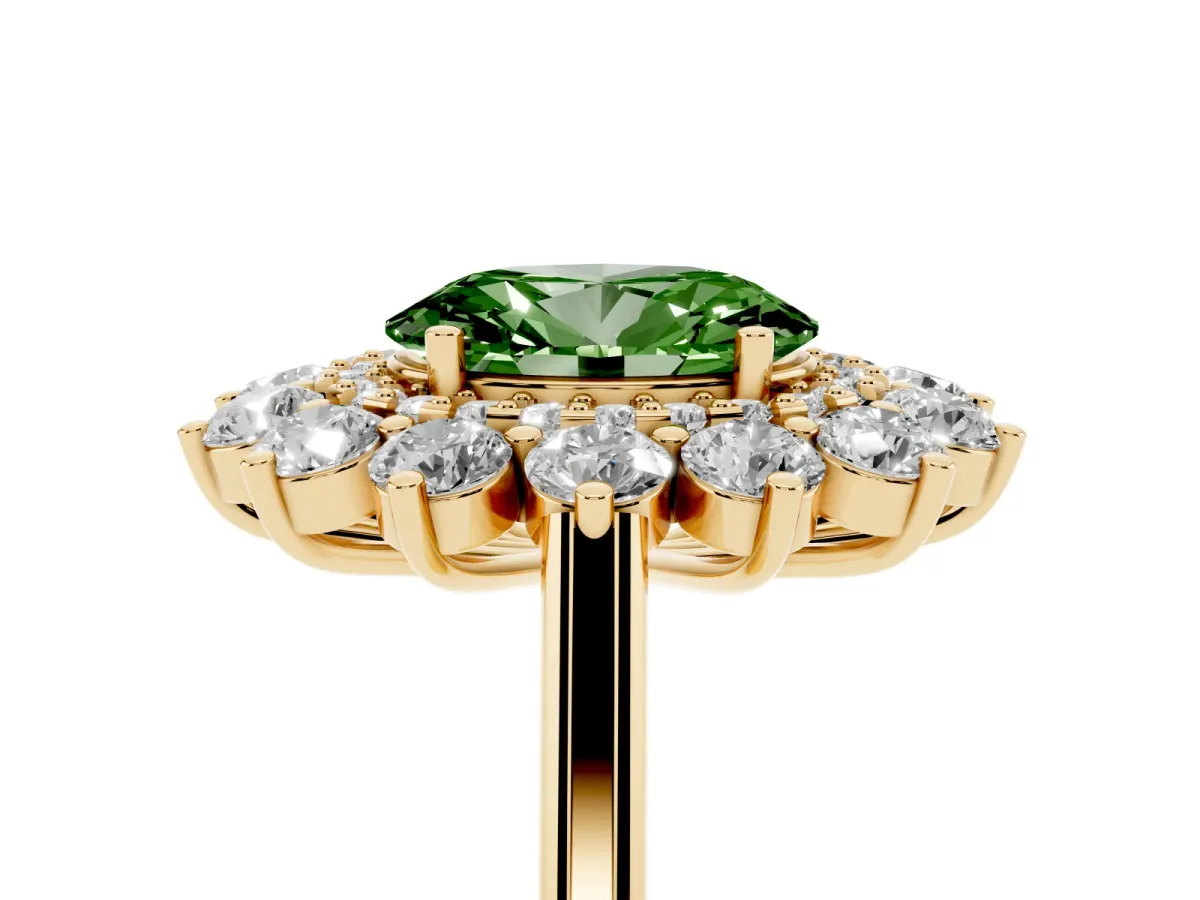 Fancy Green Oval Cut Diamond Floral Double Halo Engagement Ring with Prong Setting Yellow gold