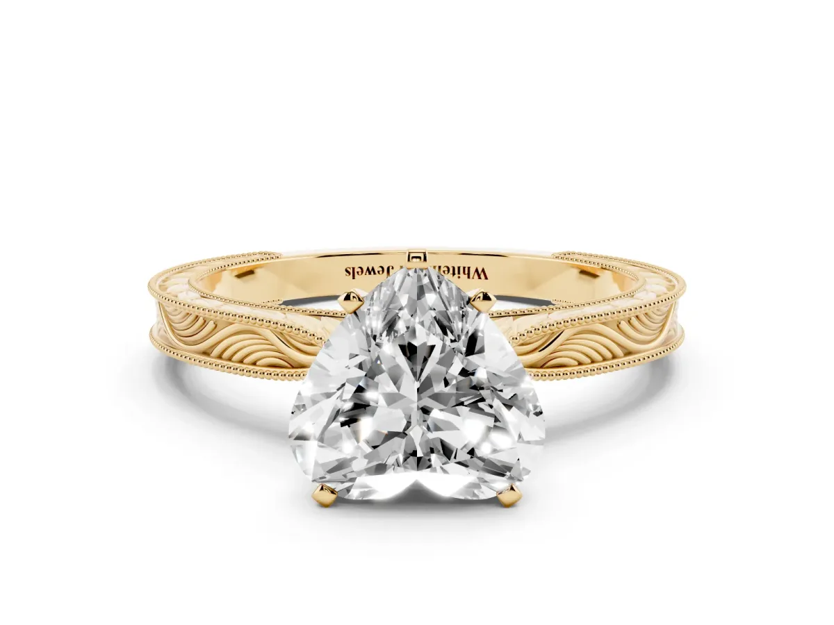Heart Cut Solitaire Milgrain Engraved Band with Four-Prong Setting Yellow gold