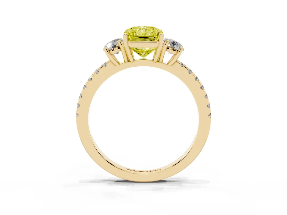 Fancy Yellow Three-Stone Radiant Cut Cut Diamond Pavé Band with Prong Setting Yellow gold