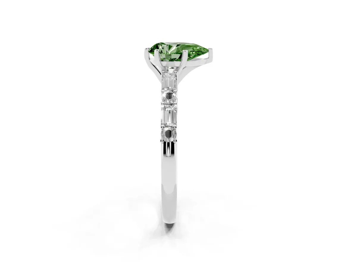 Fancy Green Pear Cut Diamond Solitaire with Side Baguettes and Channel Set Band Platinum