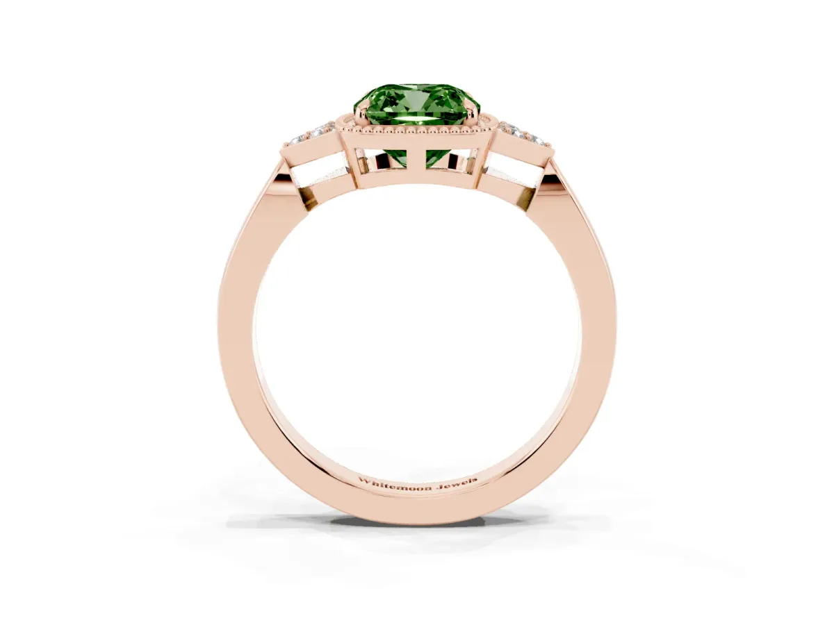 Fancy Green Hexagonal Halo Cushion Cut Diamond Solitaire with Pavé Band and Four-Prong Setting Rose gold