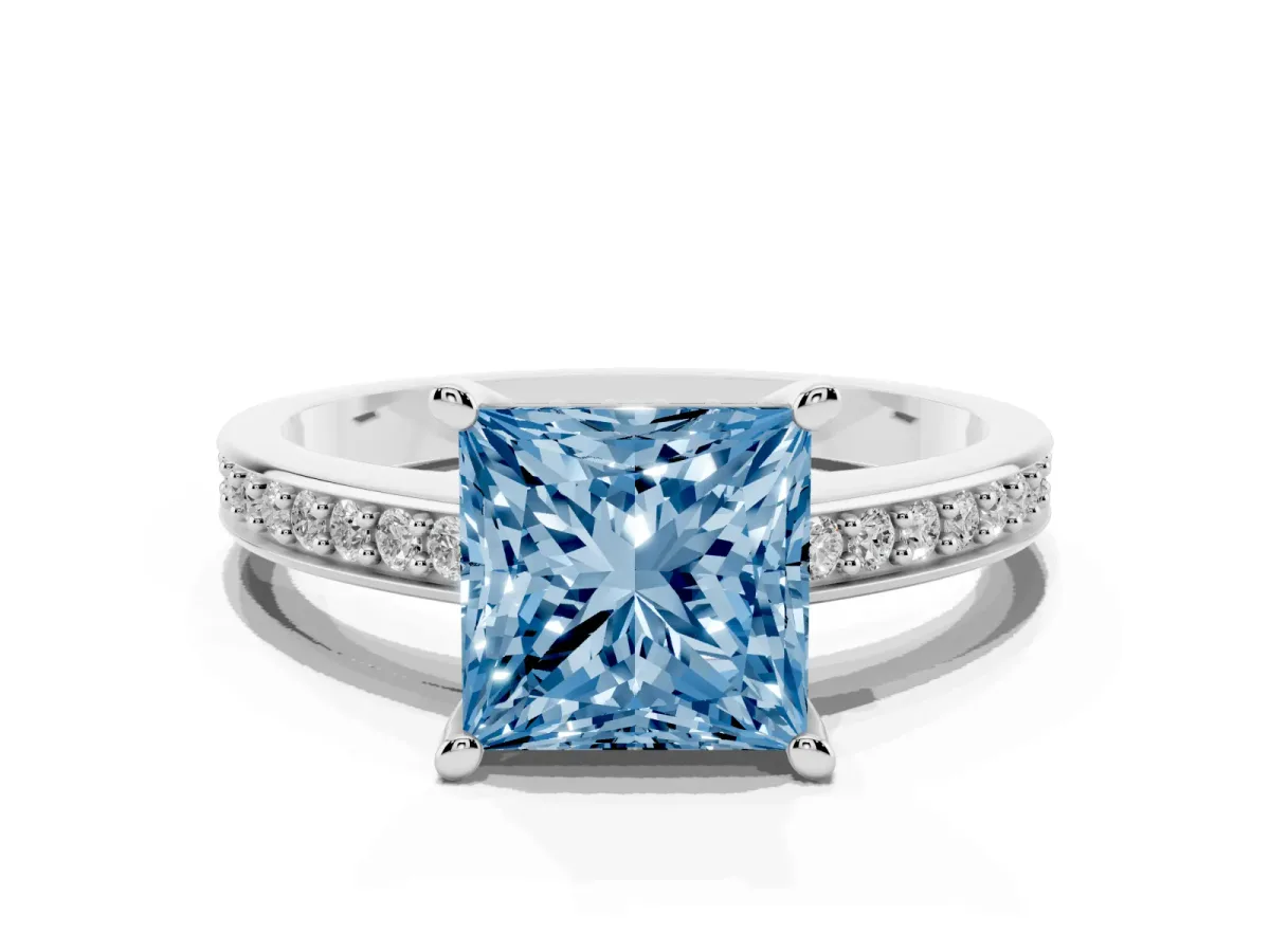 Fancy Blue Princess Cut Solitaire Pavé Band Prong Setting Ring Silver