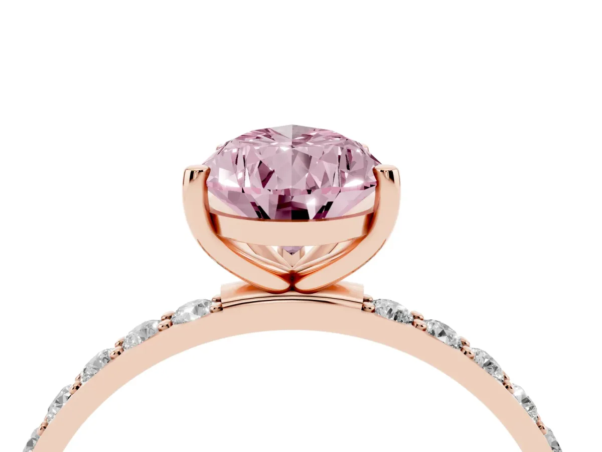 Fancy Pink Pear Cut Diamond Solitaire Ring with Round Pavé Shoulders and Prong Setting Rose gold