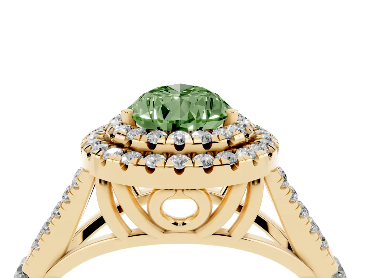 Fancy Green Pear Cut Diamond Double Halo Ring with Split Shank and Prong Setting Yellow gold