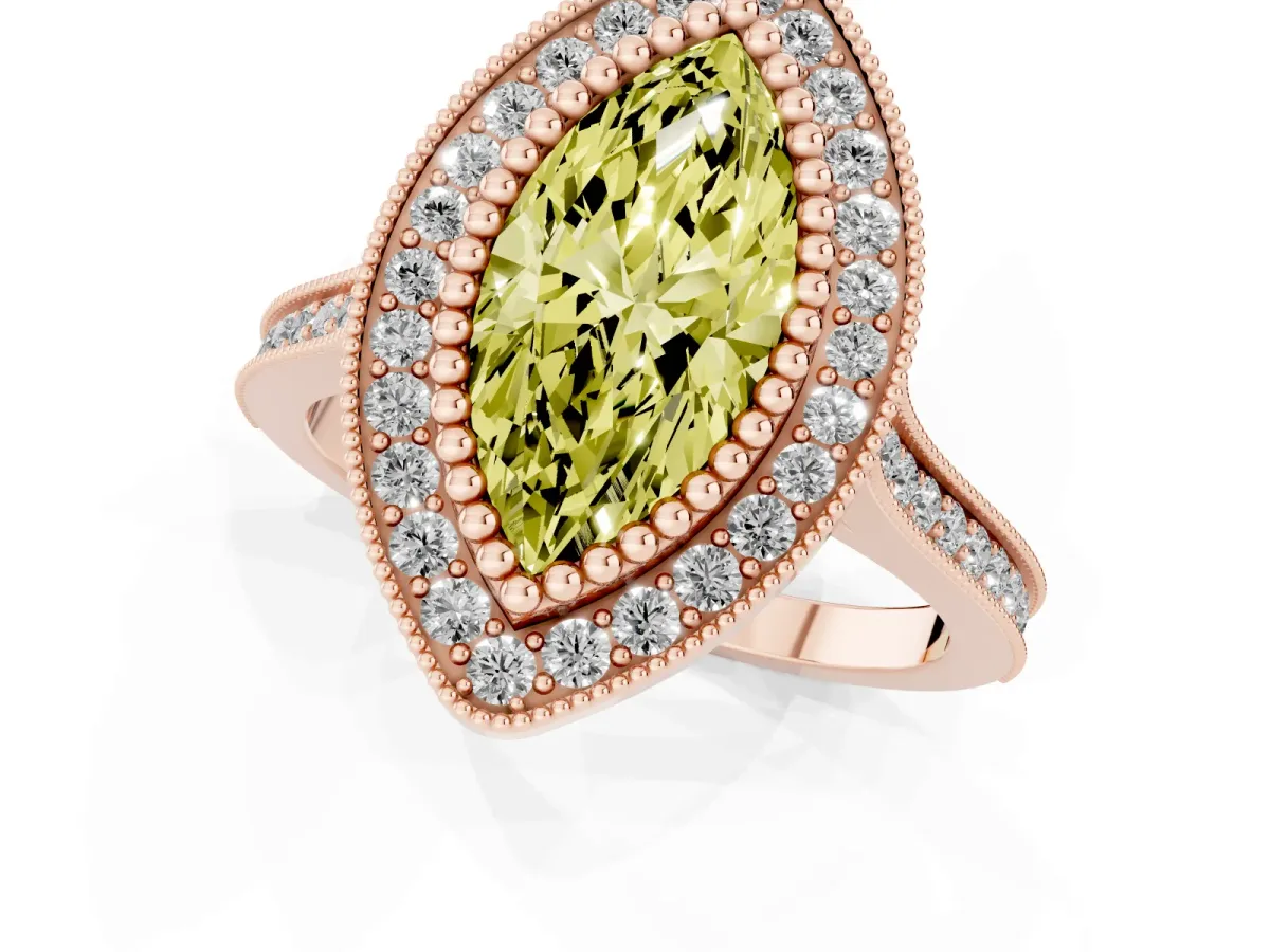 Fancy Yellow Marquise Cut Diamond Halo Ring with Milgrain Frame and Pavé Band Rose gold