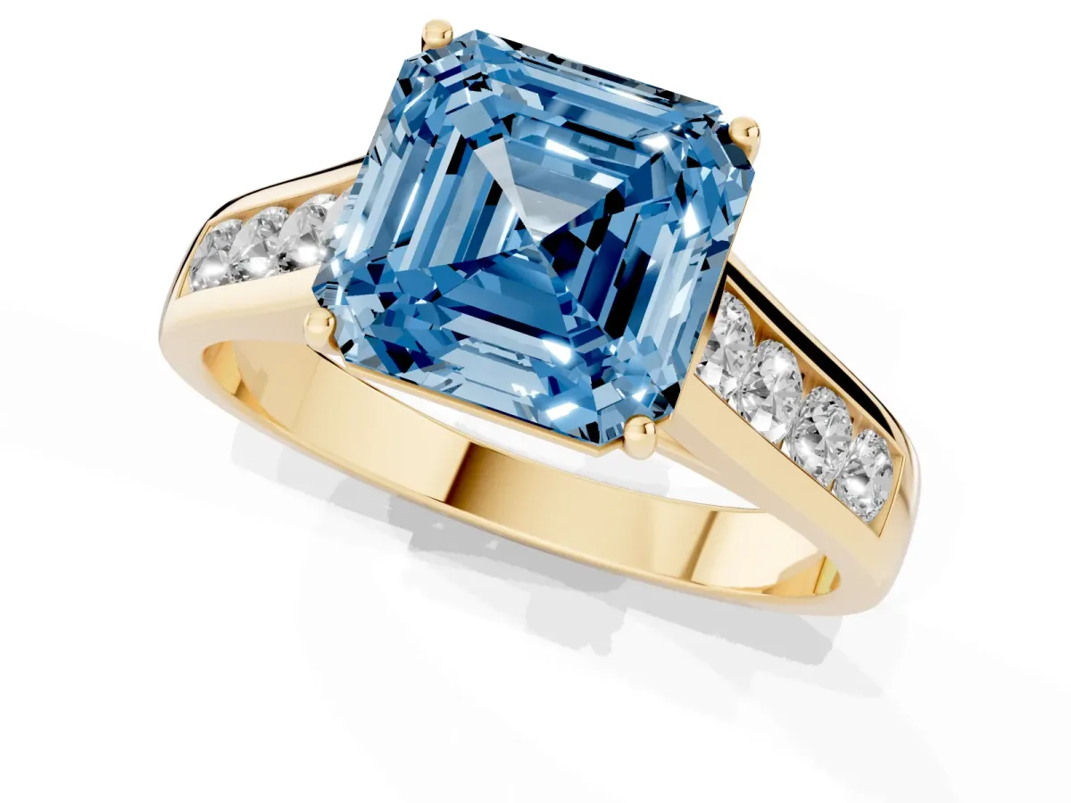 Fancy Blue Asscher Cut Brilliant Channel-Set Solitaire Ring with Four-Prong Setting Yellow gold