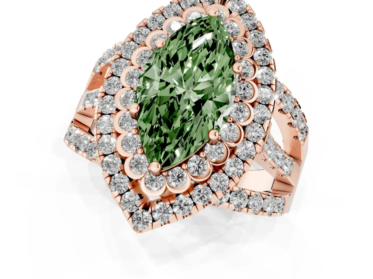 Fancy Green Marquise Cut Diamond Double Halo Ring with Round Pavé Split Shank and Prong Setting Rose gold
