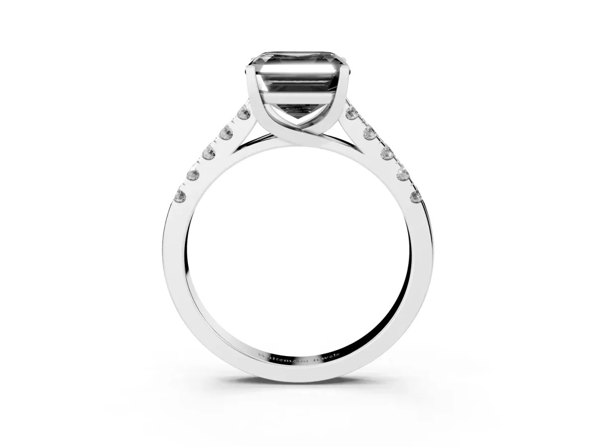 Fancy Black Asscher Cut Diamond Pavé Band Solitaire Ring with Prong Setting Platinum