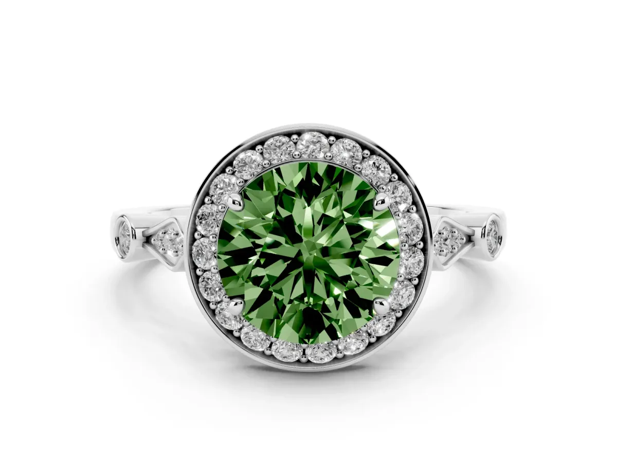 Fancy Green Round Cut Halo Diamond Engagement Ring with Twisted Band and Four-Prong Setting Platinum