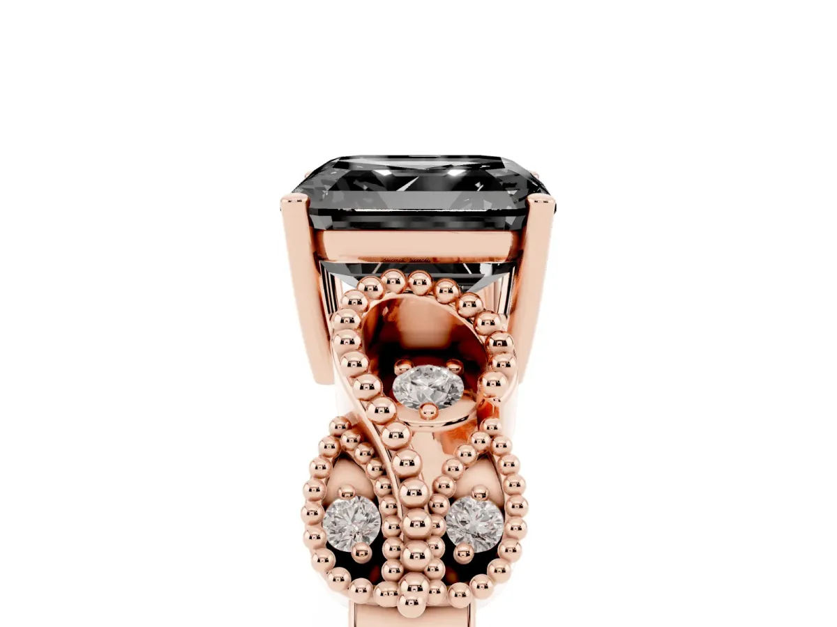 Fancy Black Asscher Cut Solitaire Milgrain Leaf Band with Prong Setting Rose gold