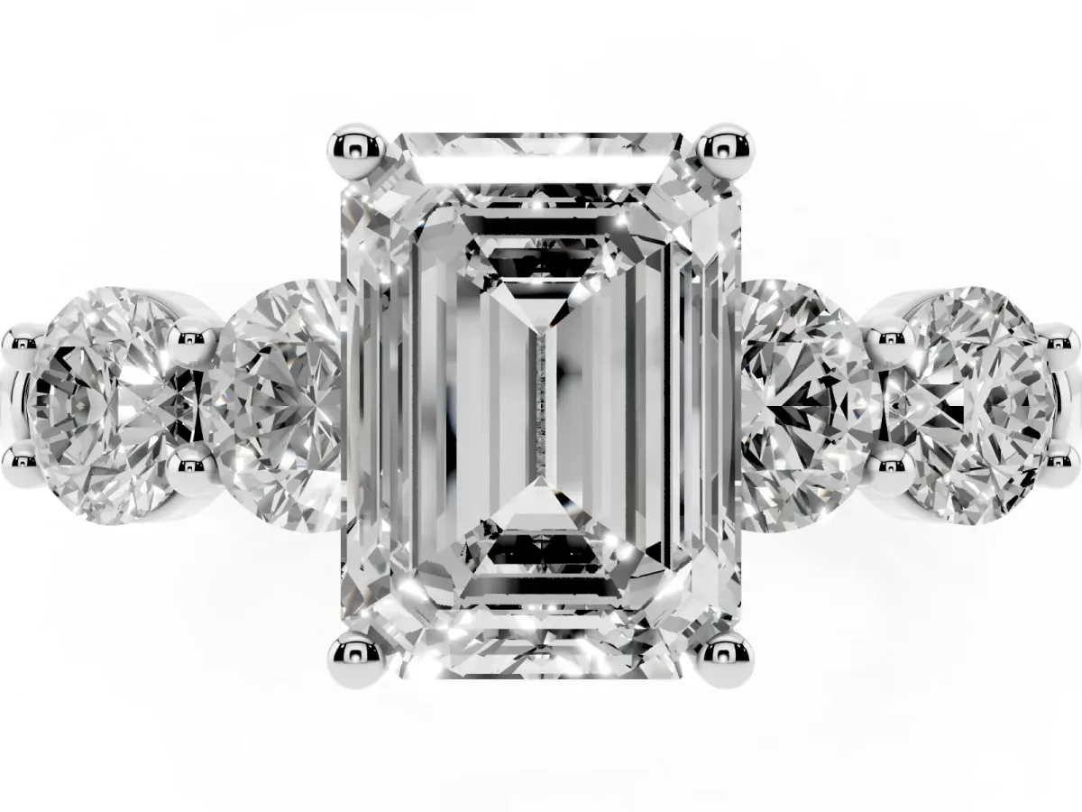 Emerald Cut Cut Five-Stone Prong Set Diamond Ring with Classic Band Silver
