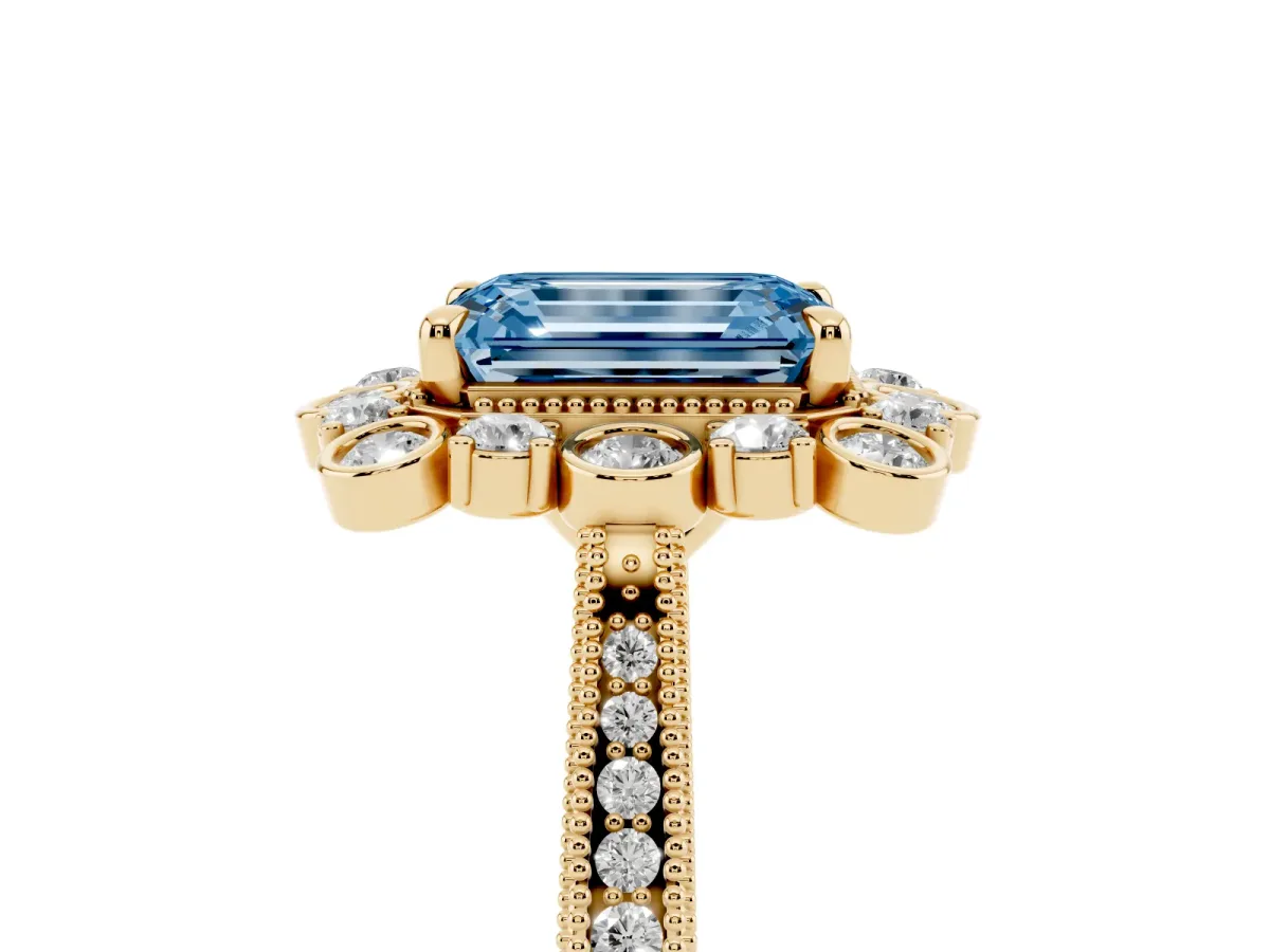 Fancy Blue Emerald Cut Halo Milgrain Pave Diamond Ring with Four-Prong Setting Yellow gold
