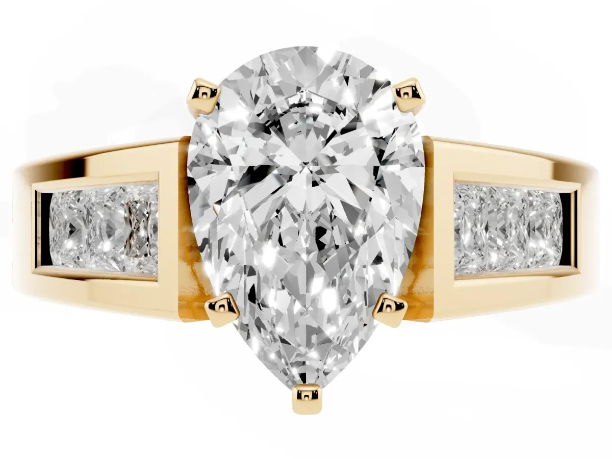 Pear Cut Cut Channel Set Solitaire Ring with Four-Prong Setting Yellow gold