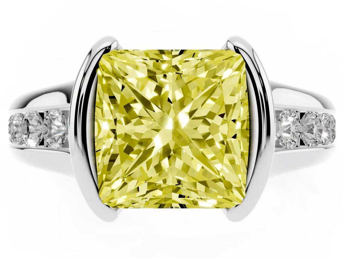 Fancy Yellow Princess Cut Solitaire Bezel-Set Diamond Ring with Channel-Set Band Silver