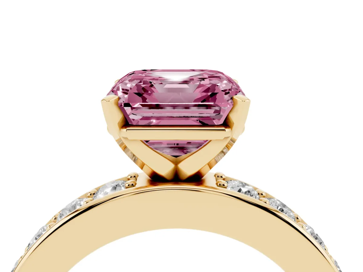 Fancy Pink Asscher Cut Diamond Engagement Ring with Channel Set Round Band and Prong Setting Yellow gold