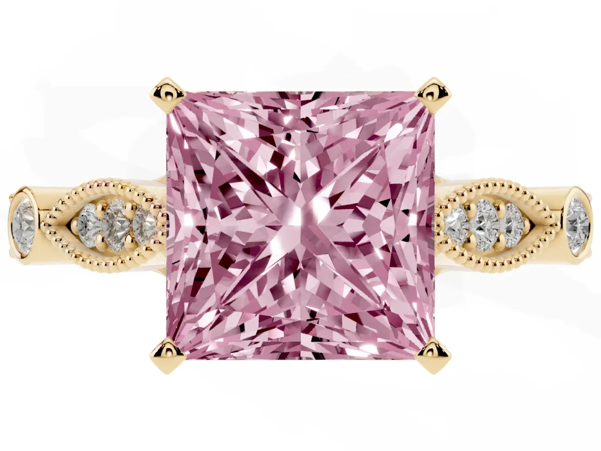 Fancy Pink Princess Cut Cut Diamond with Milgrain Marquise and Bezel Accents on a Solitaire Band with Prong Setting Yellow gold