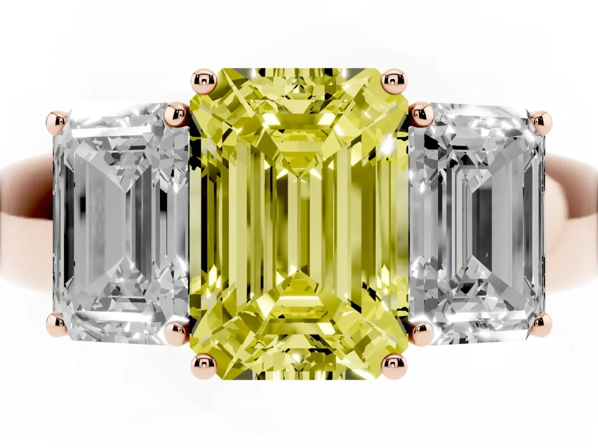 Fancy Yellow Three-Stone Emerald Cut Cut Diamond Ring with Prong Setting and Classic Band Rose gold