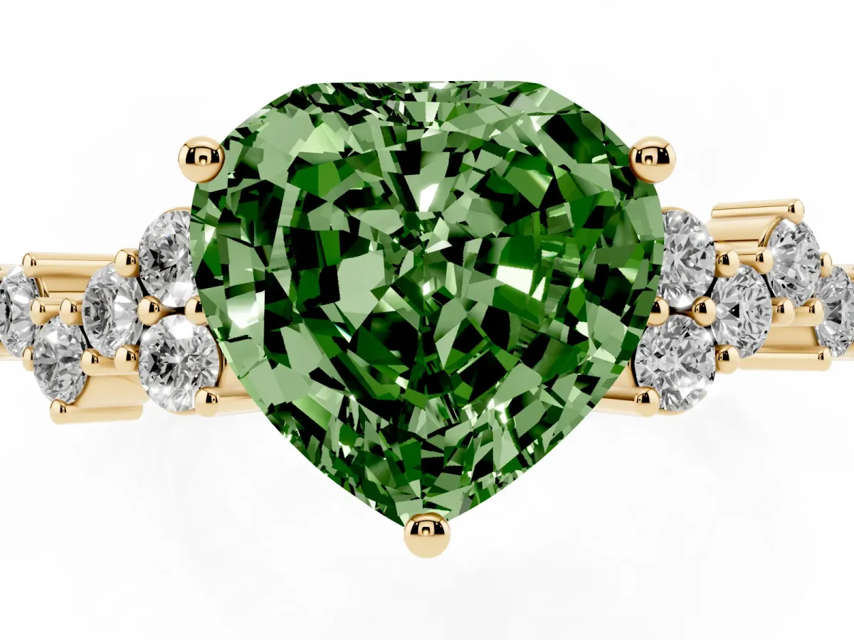 Fancy Green Heart Cut Diamond Scattered Round Accent Ring with Prong Setting Yellow gold