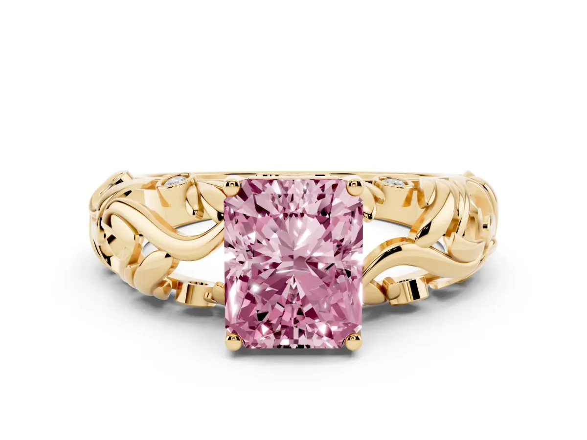 Fancy Pink Radiant Cut Solitaire Diamond Leaf-Inspired Vine Band Ring with Prong Setting Yellow gold