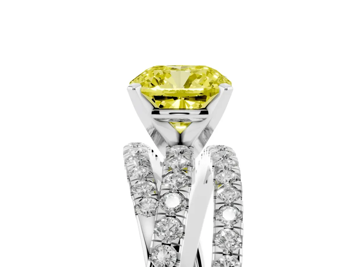 Fancy Yellow Cushion Cut Solitaire Twist Band with Pavé Setting and Four-Prong Setting Silver