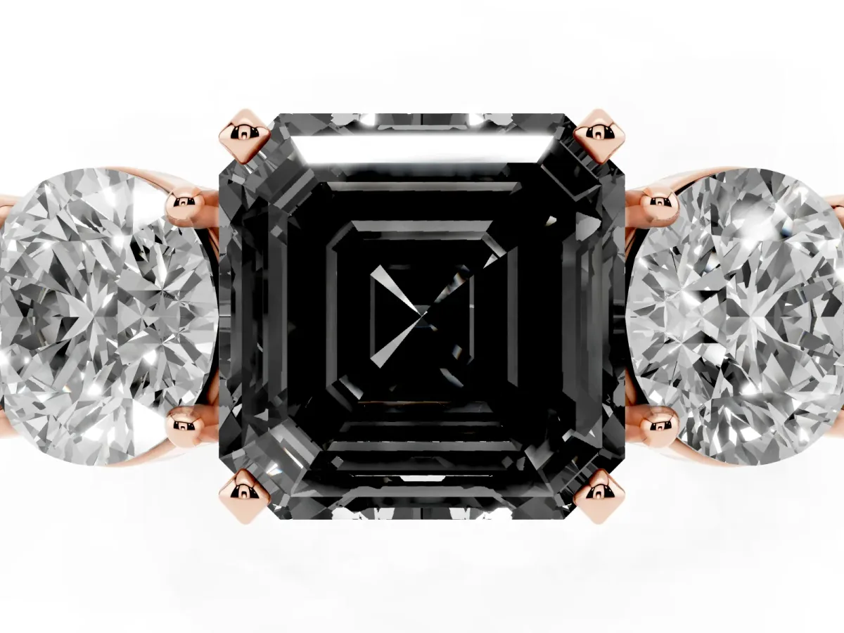 Fancy Black Three-Stone Asscher Cut Diamond Ring with Round Side Stones, Classic Band, and Four-Prong Setting Rose gold