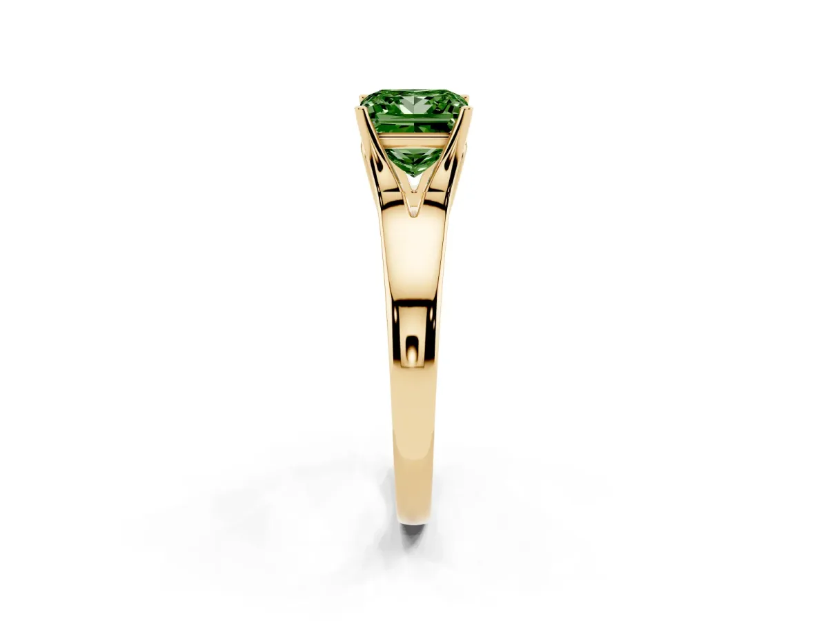 Fancy Green Princess Cut Solitaire Diamond Ring with Cathedral Band and Four-Prong Setting Yellow gold
