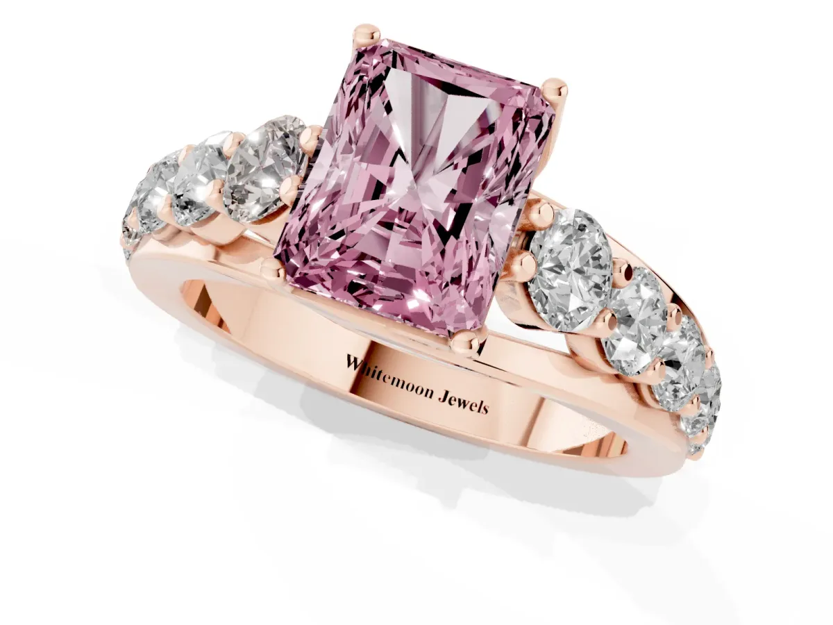 Fancy Pink Radiant Cut Diamond Engagement Ring with Pavé Band and Four-Prong Setting Rose gold