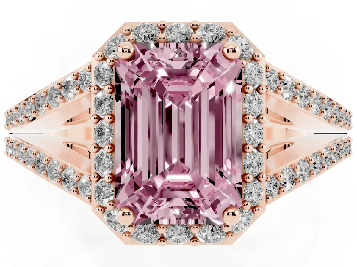 Fancy Pink Emerald Cut Halo Split Shank Pave Diamond Ring with Four-Prong Setting Rose gold