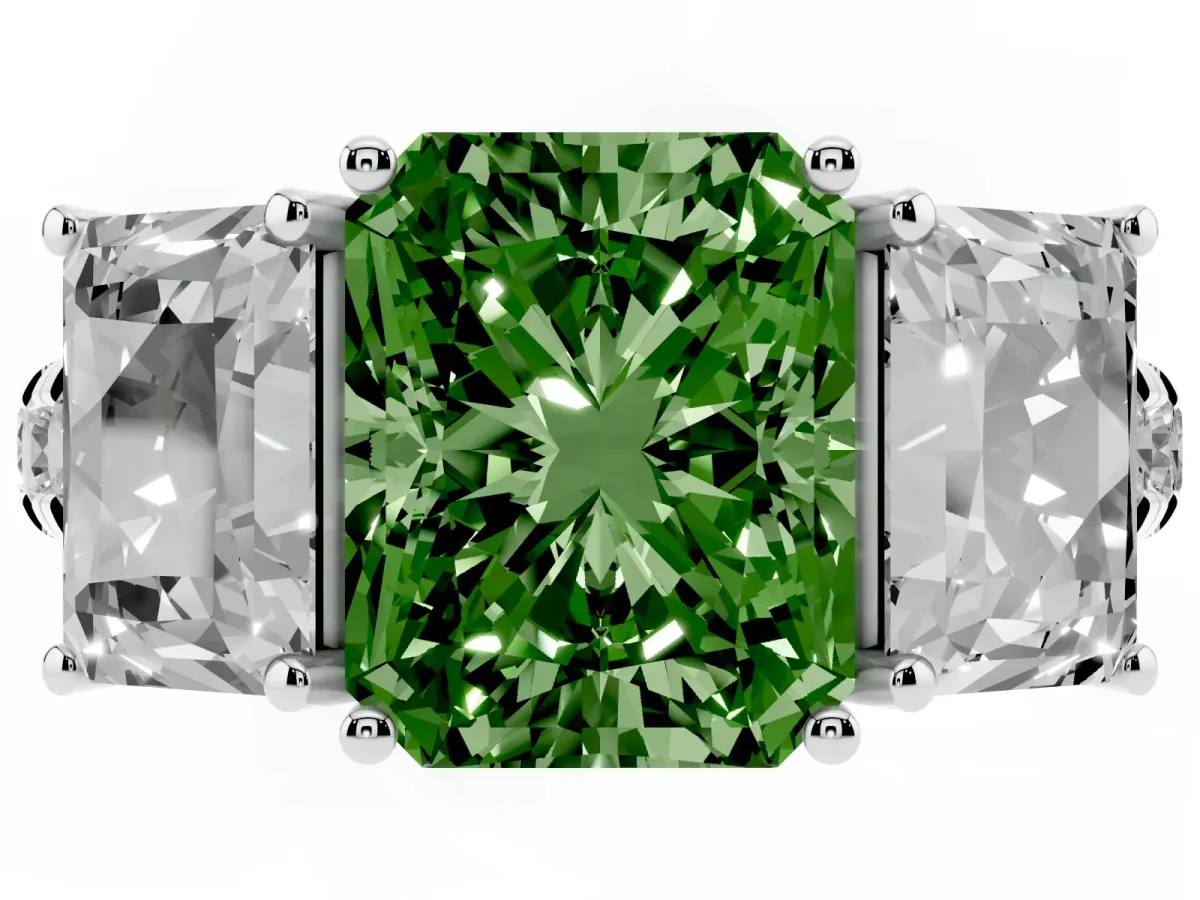 Fancy Green Three-Stone Radiant Cut Diamond Pavé Band with Prong Setting Silver