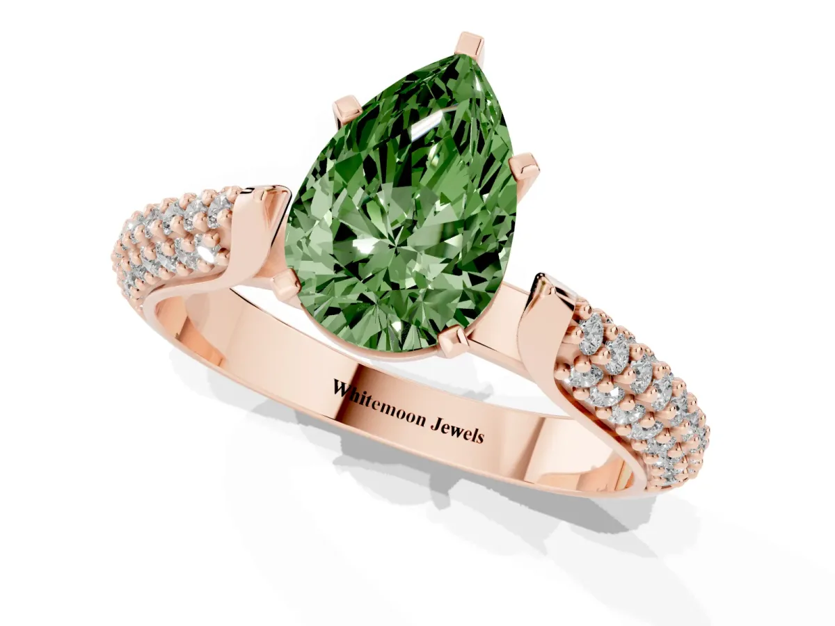 Fancy Green Pear Cut Diamond Solitaire Engagement Ring with Multi-Row Round Pavé Band and Prong Setting Rose gold
