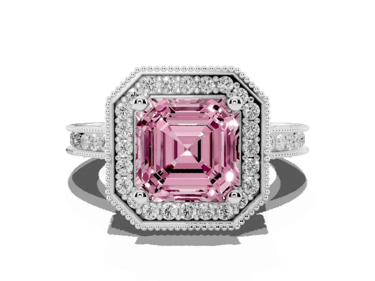 Fancy Pink Asscher Cut Diamond Milgrain Halo Engagement Ring with Round Pavé Band and Prong Setting Platinum