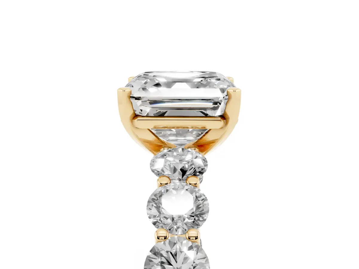 Asscher Cut Diamond Prong Setting with Side Stones on a Pave Band Yellow gold