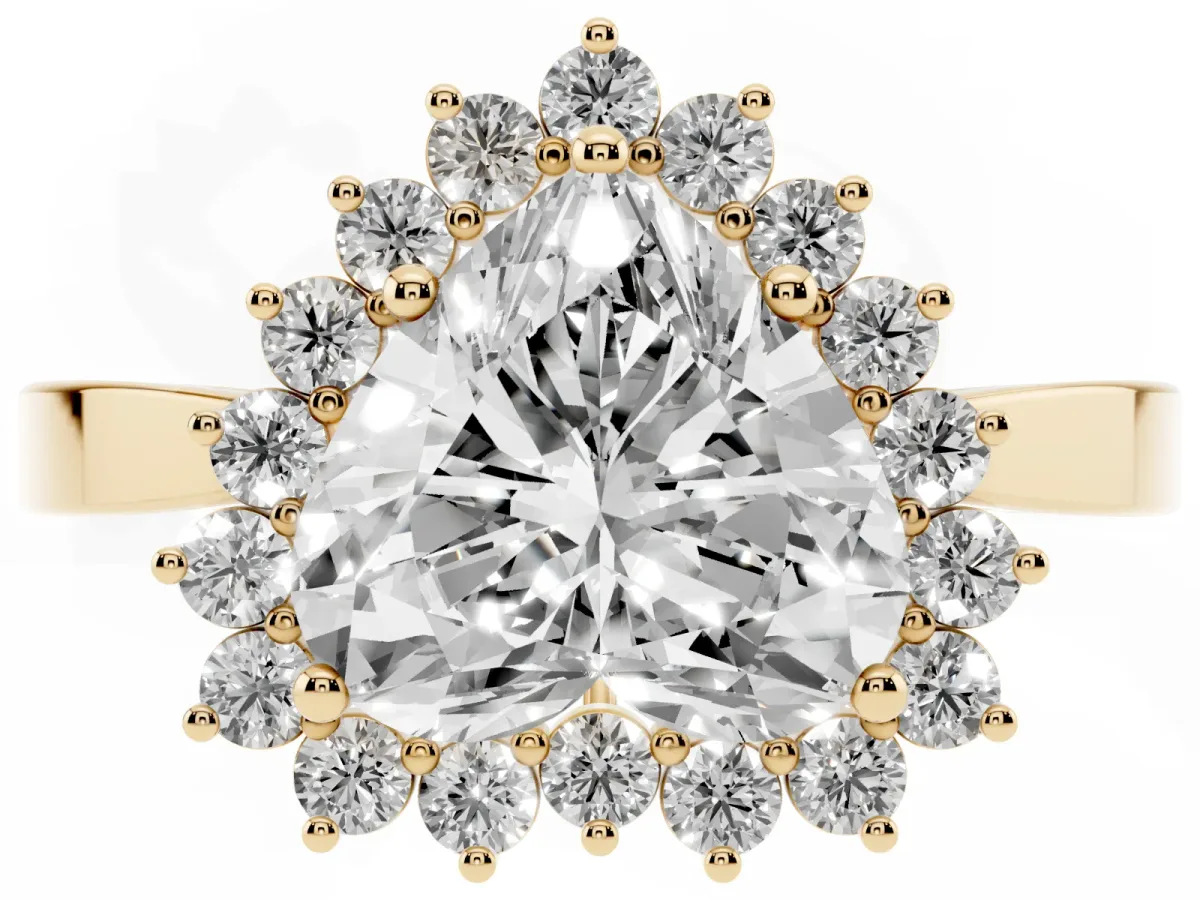 Heart Cut Cut Diamond Halo Ring with Round Brilliant Halo and Solitaire Band Yellow gold