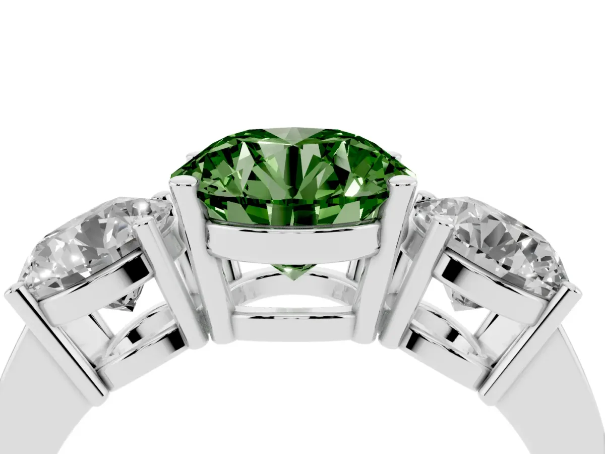 Fancy Green Three-Stone Round Cut Cut Diamond Engagement Ring with Flat Band and Four-Prong Setting Silver