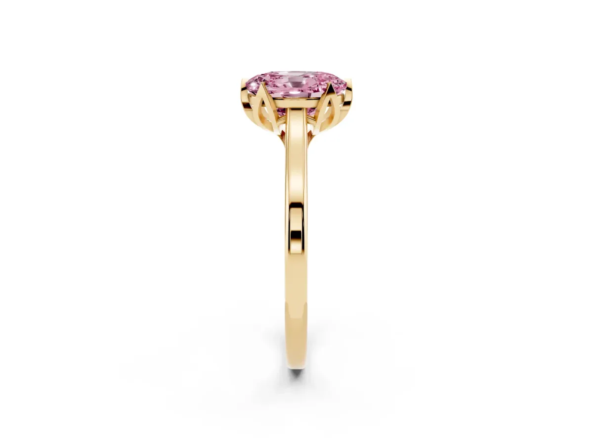 Fancy Pink Oval Cut Diamond Solitaire Ring with Flower Prong Setting and Classic Band Yellow gold