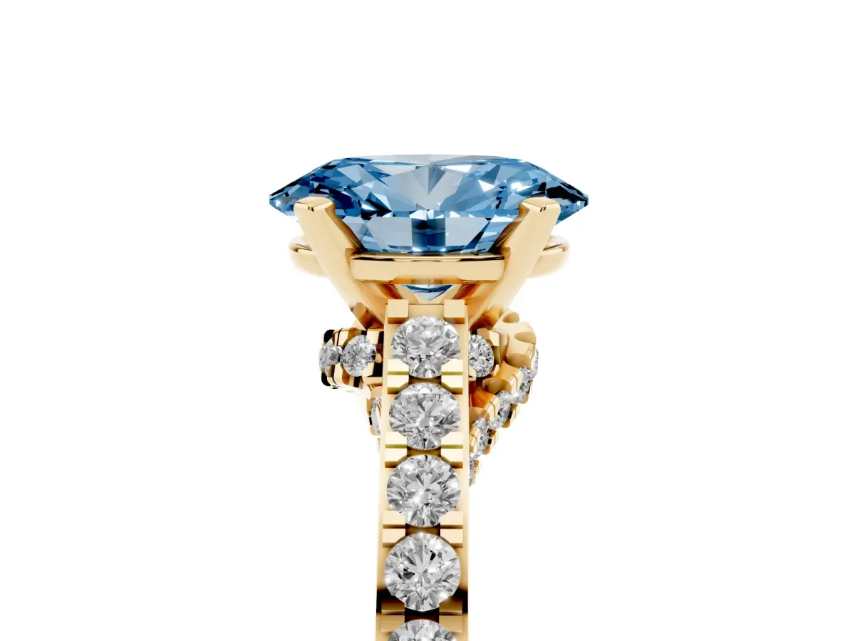 Fancy Blue Oval Cut Diamond Solitaire Ring with Crossover Gallery and Round Pavé Band Yellow gold