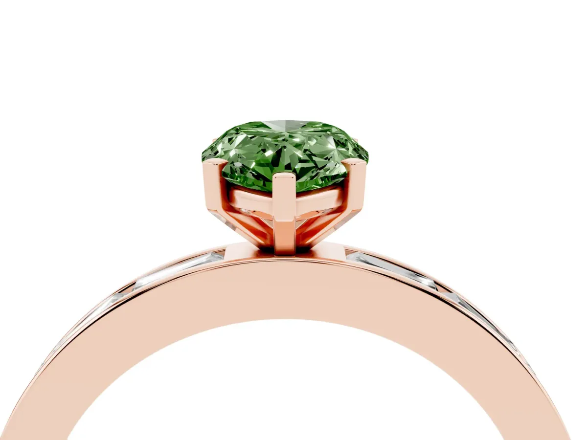 Fancy Green Pear Cut Solitaire Diamond Ring with Channel-Set Baguette Band and Four-Prong Setting Rose gold