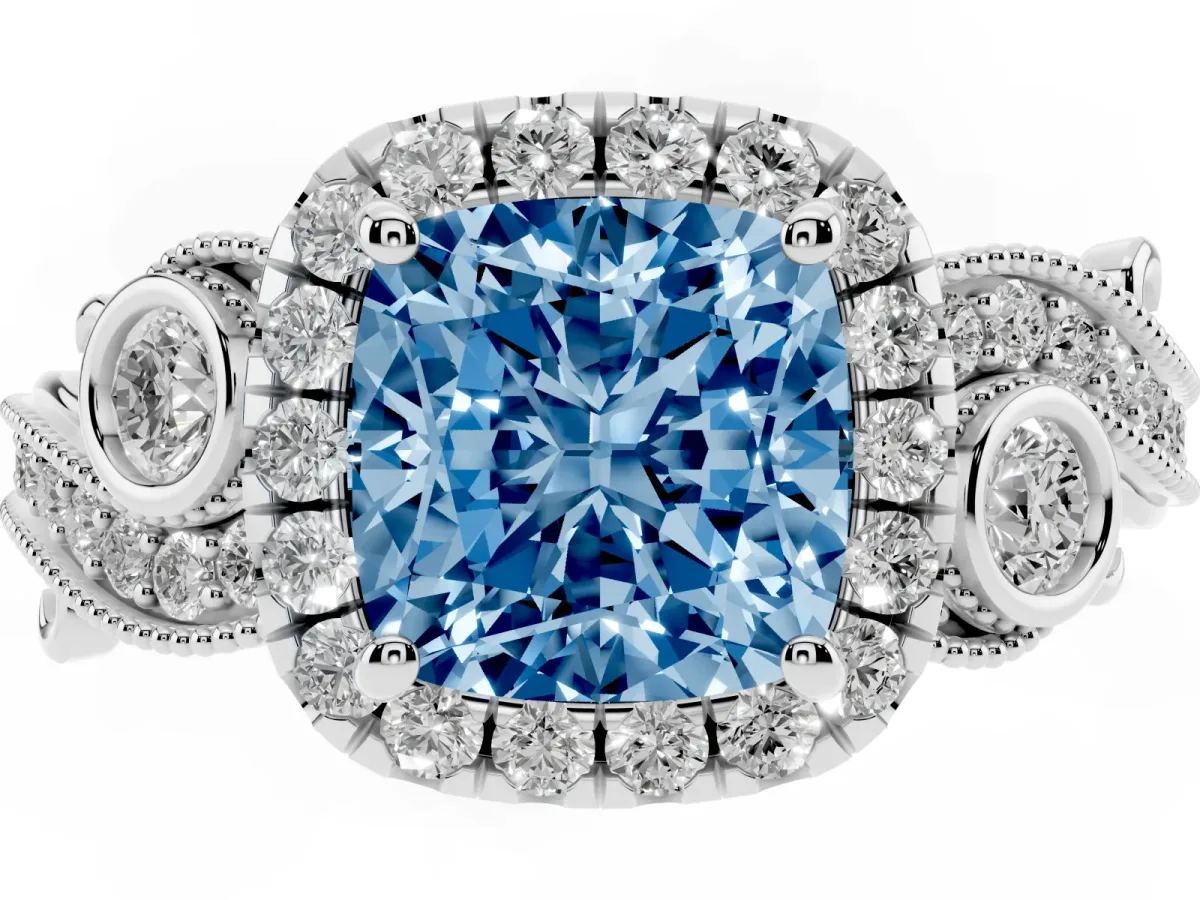Fancy Blue Cushion Cut Diamond Halo Ring with Milgrain Pavé Band and Four-Prong Setting Platinum