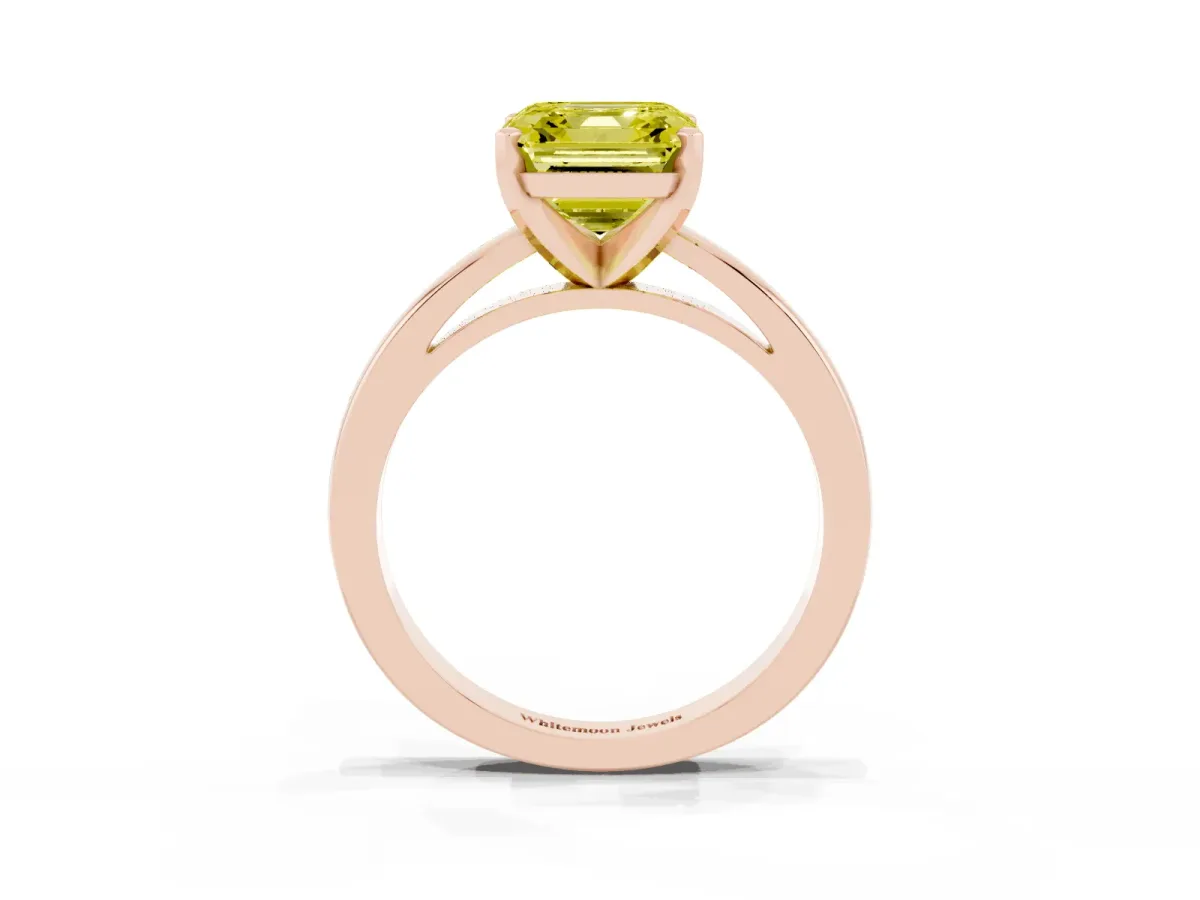 Fancy Yellow Asscher Cut Solitaire Diamond Engagement Ring with Four-Prong Setting on a Classic Band Rose gold