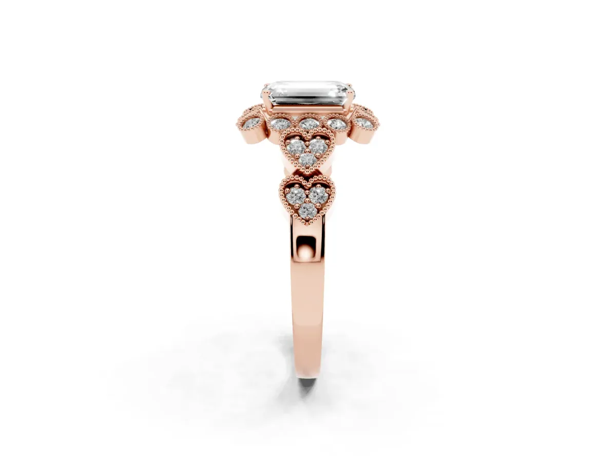 Emerald Cut Brilliant Milgrain Pave Heart Band Solitaire Ring Rose gold