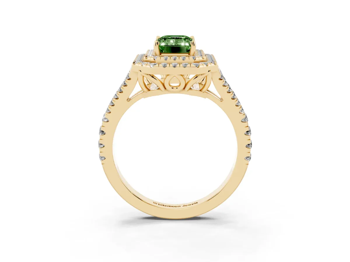 Fancy Green Emerald Cut Diamond Double Halo Ring with Pavé Band and Prong Setting Yellow gold