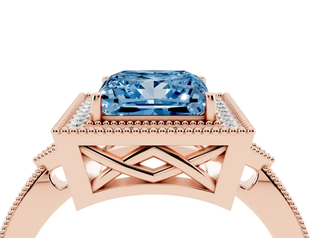 Fancy Blue Princess Cut Halo Round Diamond Milgrain Pave Engagement Ring Rose gold