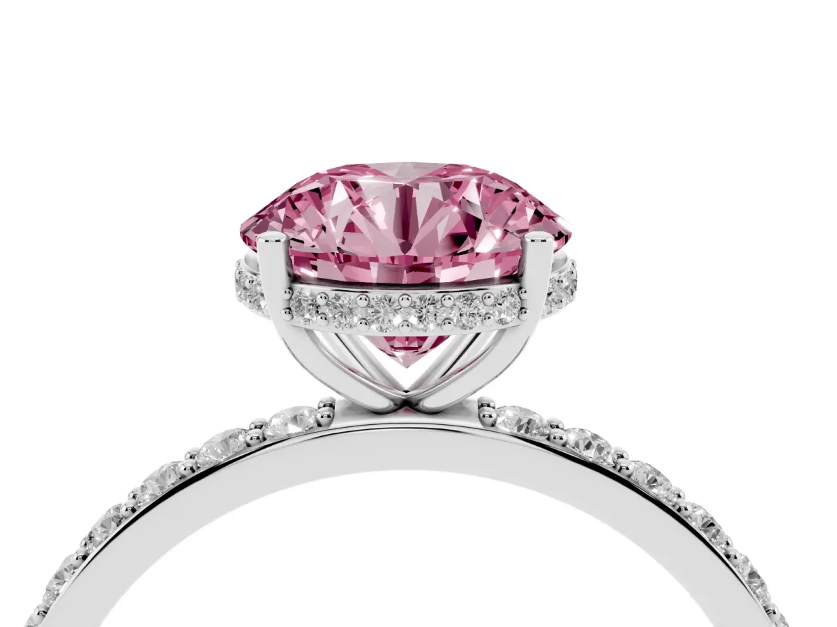 Fancy Pink Round Cut Diamond Solitaire Ring with Pavé Band and Hidden Halo Platinum