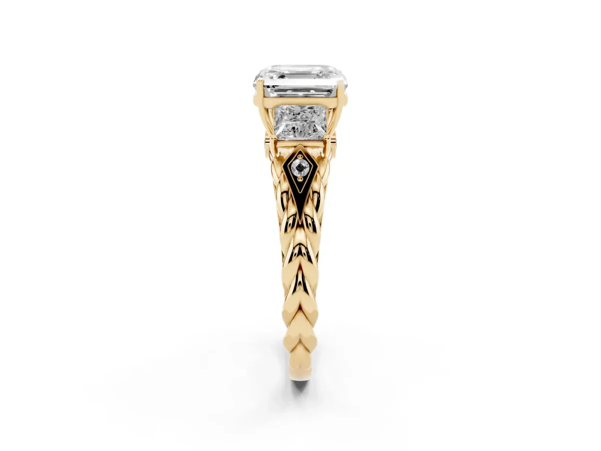 Three-Stone Asscher Cut Diamond Braided Band Ring with Four-Prong Setting Yellow gold