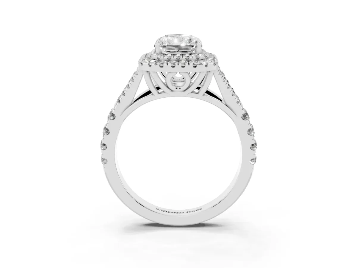Double Halo Radiant Cut Diamond Split Shank Engagement Ring with Four-Prong Setting Silver