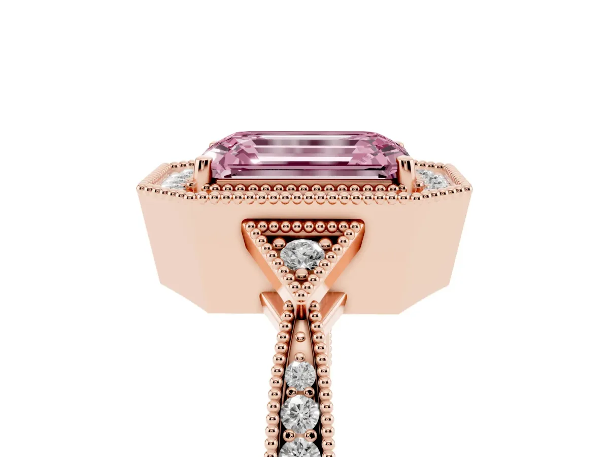 Fancy Pink Emerald Cut Halo Round Diamond Milgrain Pave Engagement Ring Rose gold