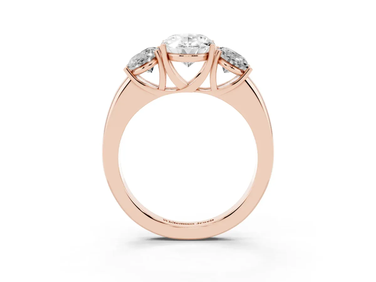 Oval Cut Diamond Three-Stone Ring with Four-Prong Setting and Classic Band Rose gold