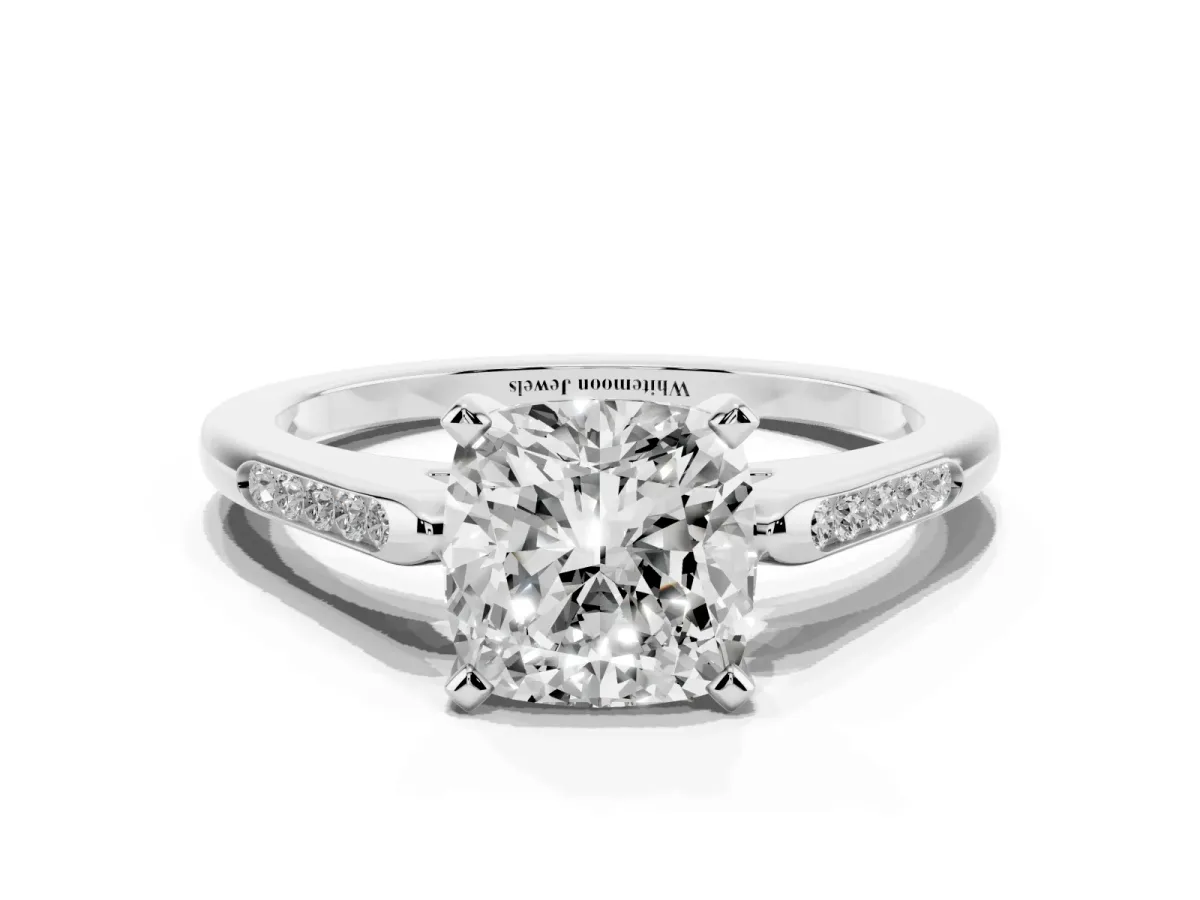 Cushion Cut Diamond Solitaire Ring with Channel Set Round Band and Prong Setting Silver