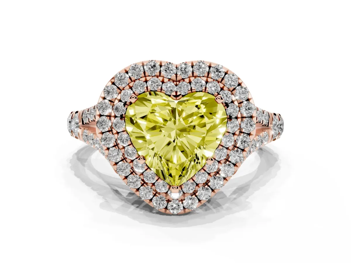 Fancy Yellow Heart Cut Cut Double Halo Split Shank Diamond Ring with Prong Setting Rose gold