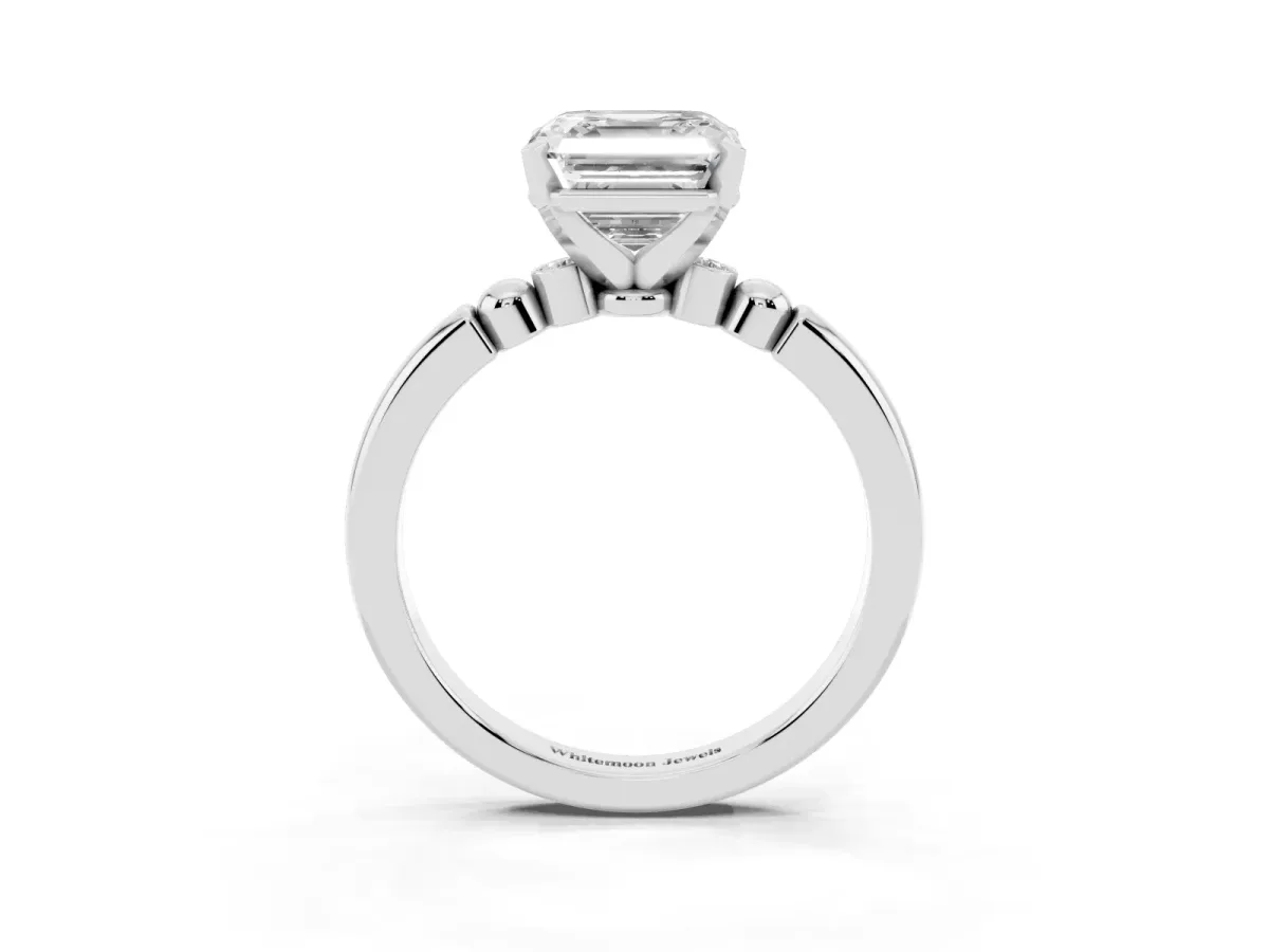 Asscher Cut Solitaire Beaded Band with Four-Prong Setting Platinum